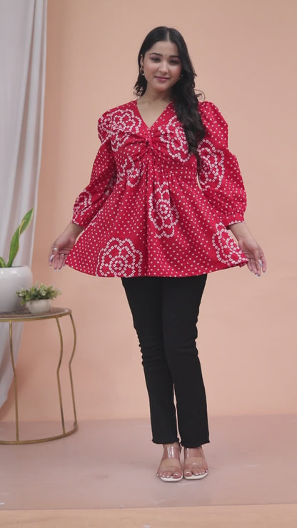 Miravan Womens Red Bandhani Printed cotton Butterfly Design  Top