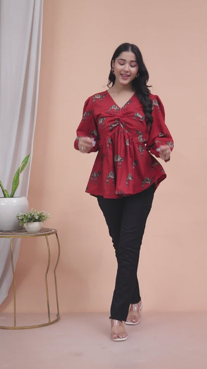 Miravan Womens Brown Animal  Printed Balloon Sleeves V Neck Butterfly  Top