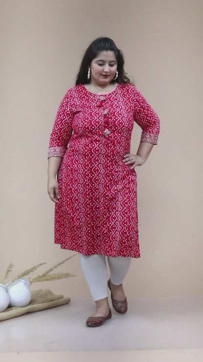 Women's Plus Size Pink Bandhani Pakistani Straight Kurti - Miravan