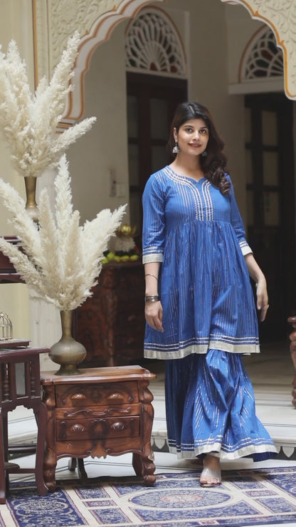 Women's Blue Printed Lurex Cotton A-Line Kurti With Sharara - Miravan