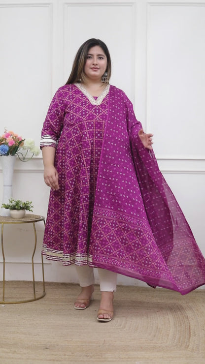 Miravan Plus Size Women's Bandhani embroidred ethnic Anarkali Kurta and Dupatta