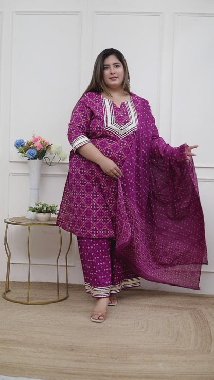 Miravan Plus Size Magenta Embroidered cotton Kurta with Palazzo and Dupatta