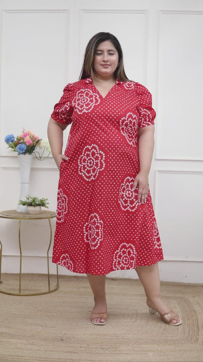 Miravan Plus Size Womens Red Bandhani Printed Collar Neck  Maxi Dress