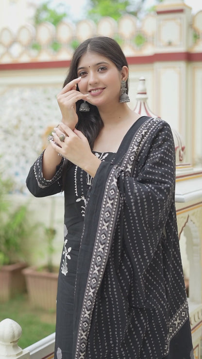 Women's Cotton Gota Patti Black Floral Printed Straight Kurta Palazzo With Dupatta Set - Miravan