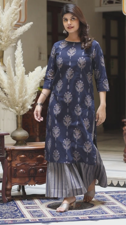 Women's Blue & Grey Printed Pure Cotton Kurta With Sharara - Miravan