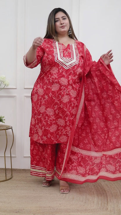 Miravan Plus Size Red Floral Print Embroidered cotton  Straight Kurta with Palazzo & Dupatta