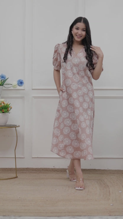 Miravan Womens Puff Sleeve Pure Cotton Printed Maxi Dress