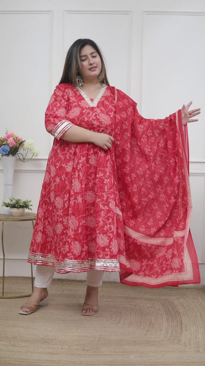 Miravan Plus Size Women's red Embroidered Anarkali Kurta and Dupatta 