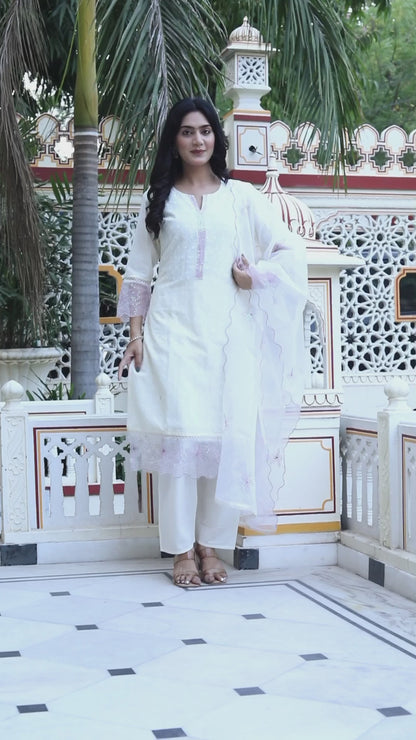 Women's Organza Cotton Chikankari Embroidered With Purple Sequence Work Jaipuri Suit Set - Miravan