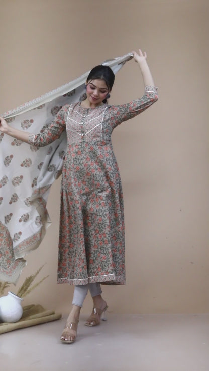 Women'S Partywear Brown Floral Printed Gota Work Long Anarkali With Dupatta Set - Miravan