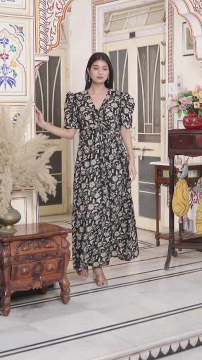 Miravan Womens Pleated Puff Sleeve Floral Pure Cotton Black And White Butterfly Maxi Dress