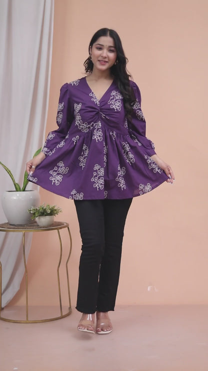 Miravan Womens Cotton  Butterfly Style Floral Print V-Neck  Top