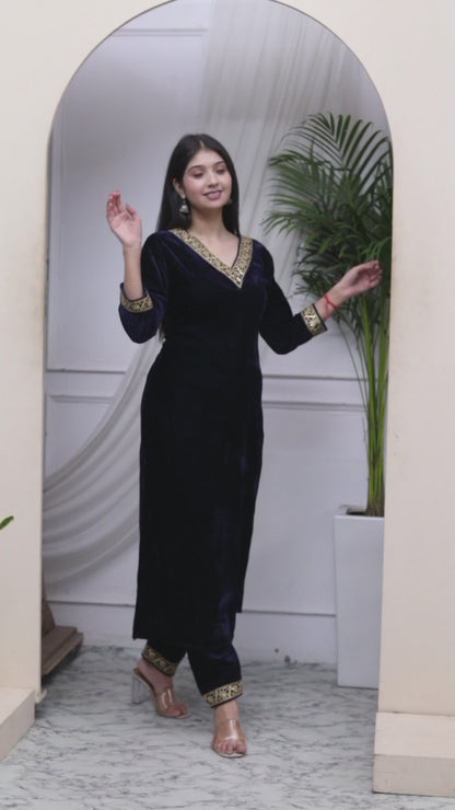 Women's Blue Velvet Embroidered/Sequence Work Straight Kurta With Palazzo - Miravan