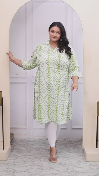 Women's Plus Size White And Green Tie Dye Cotton Kurti - Miravan