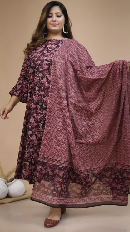 Women's Plus Size Stunning Maroon Bell Sleeve Floral Printed Anarkali Kurta Dupatta - Miravan