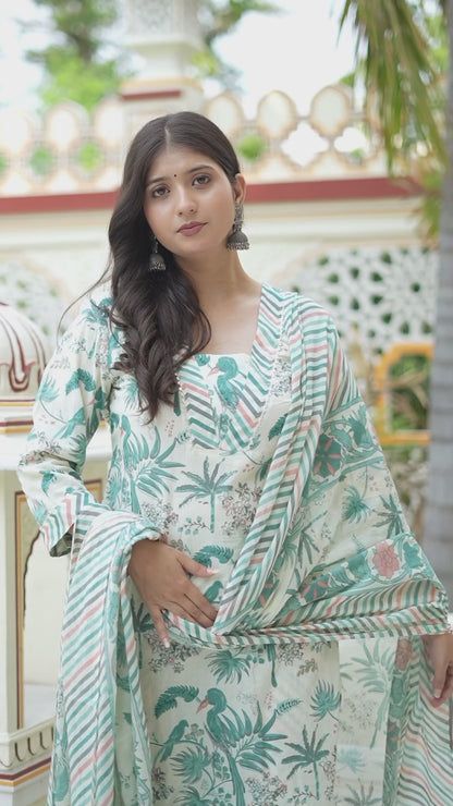 Women's Light Green Scenic Birds And Leaf Straight Pakistani Style Suit Set - Miravan