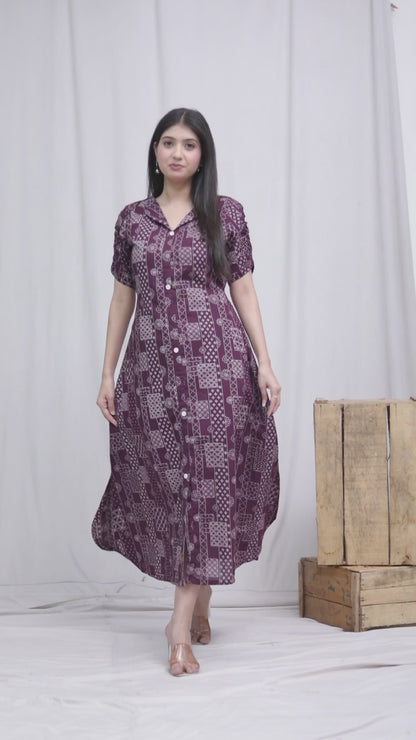 Miravan Womens Wine Mandarin Neck Floral Printed A-Line Party wear Maxi Dress