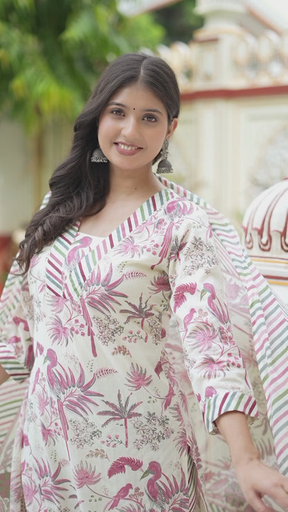 Women's Cotton Light Pink Scenic Birds And Leaf Straight Pakistani Style Suit Set - Miravan