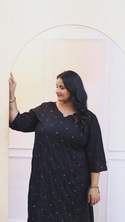 Women's Plus Size Black Embroidered And Mirror Work Straight Kurti - Miravan