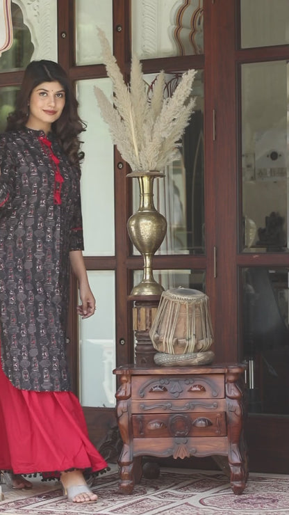 Women's Black Printed Pure Cotton Kurta With Skirt - Miravan