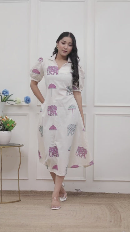 Miravan Womens Flex cotton Short sleeve Off White Animal print A-Line Maxi dress