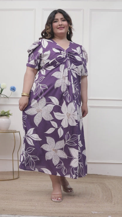 Miravan Womens Plus Size Purple Pleated Puff Sleeve Floral Pure Cotton Butterfly Middi Dress