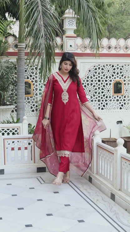 Women's Embroidered Pure Silk Red Kurta With Palazzo And Dupatta - Miravan