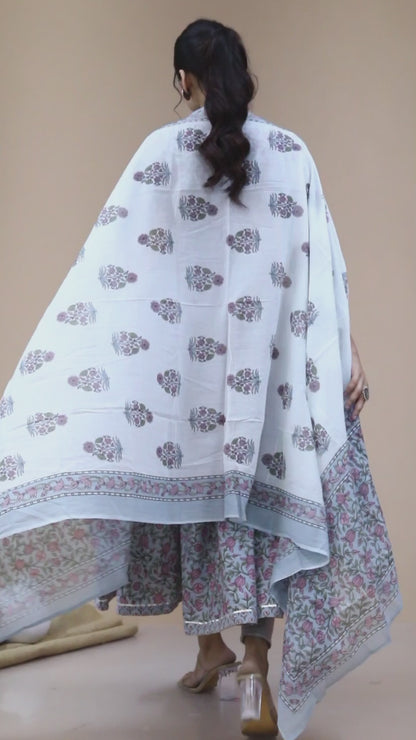 Women'S Blue Printed With Gota Patti Work Anarkali Kurta With Dupatta - Miravan