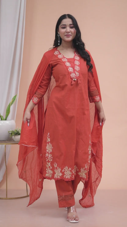 Miravan Womens Embroidered Cotton Kurta with palazzo & Dupatta Set