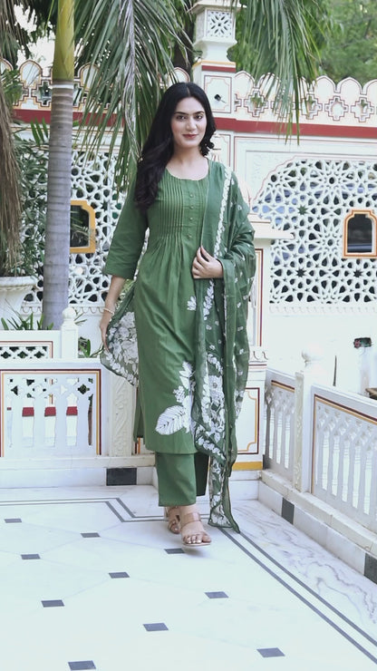 Women's Mehandi Pintucks Floral Pattern Cotton Straight Kurta With Palazzo And Floral Dupatta Set - Miravan