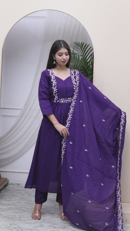 Women's Cotton Purple A-Line Kurta With Embroidered Neck And Palazzo With Embroidered Dupatta Set - Miravan