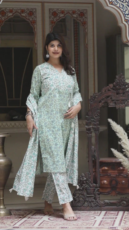 Women's Green Floral Printed Angrakha Pure Cotton Kurta With Palazzo & Dupatta Set - Miravan