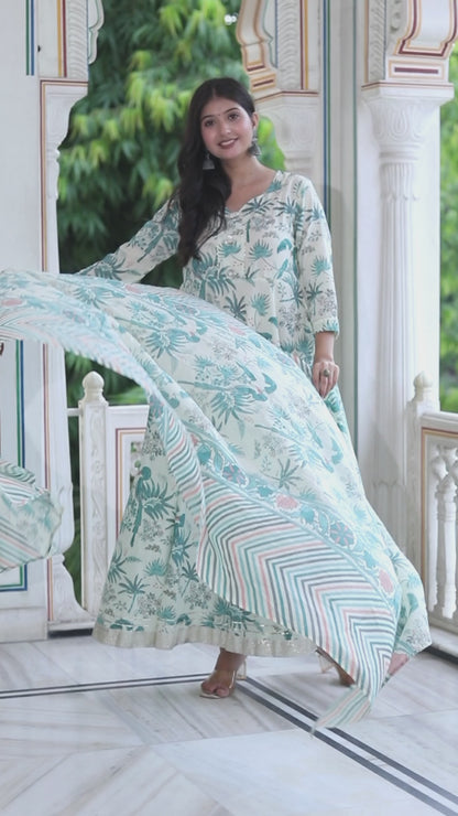 Women's Light Green Birds And Leaf Floral Printed Anarkali Kurta And Dupatta Set - Miravan