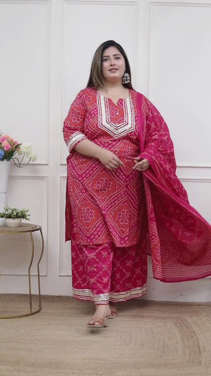 Miravan Plus Size Women's Pink Bandhani Printed Straight Kurta with Palazzo & Dupatta