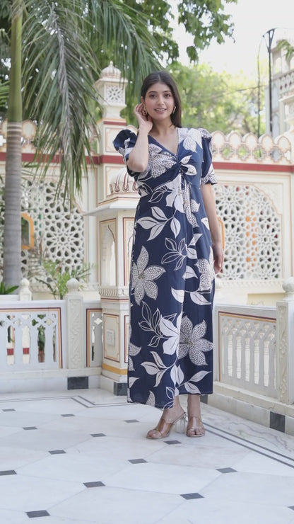 Miravan Womens Blue Flower Printed Puff Sleeve Pure Cotton Fit V Neck Butterfly Maxi Dress