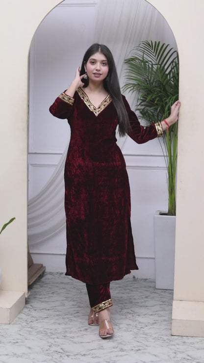 Women's Maroon Velvet Sequence Work Straight Kurta With Palazzo - Miravan