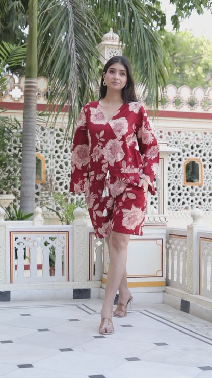Miravan Womens Pure Cotton Red Floral Printed Long Sleeves Jumpsuit