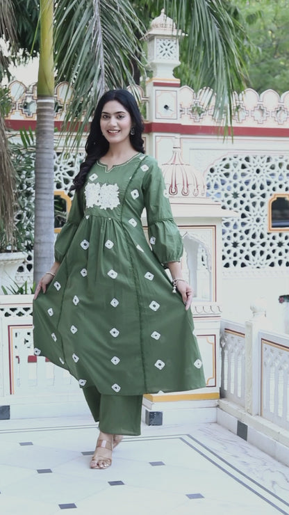 Women's Moti And Chikan Embroidered Bandhani Printed A-Line Mehandi Kurta Palazzo Set - Miravan