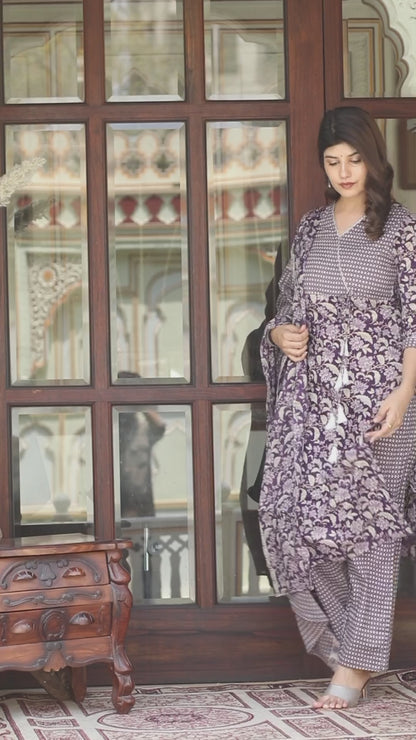 Women's Floral Block Printed Purple Angrakha Kurta And Palazzo With Dupatta Set - Miravan