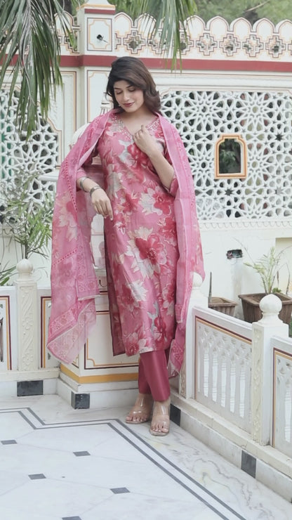 Women's Muslin Pink V-Neck Embroidered Kurta With Palazzo And Dupatta - Miravan
