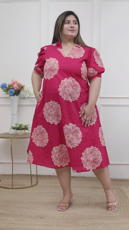 Miravan Plus Size Womens Pink Printed Collar Neck Short Puff Sleeves Cotton A-Line Maxi Dress