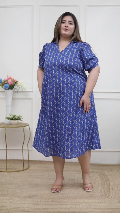 Miravan Plus Size Womens Floral Print Collar-Neck Puff Sleeves A-Line Maxi Dress