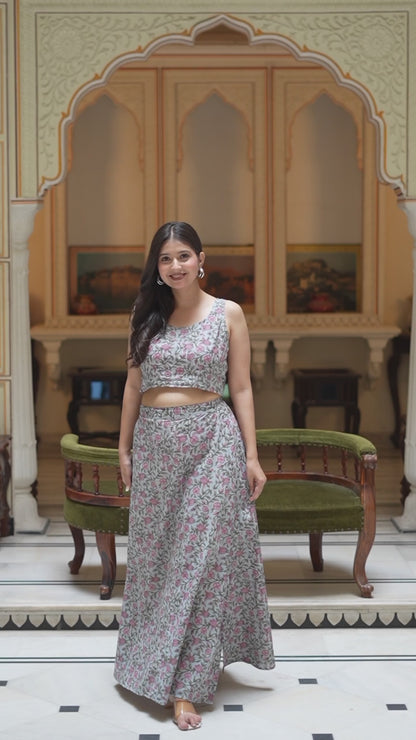 Women's Grey Floral Printed Crop Top And Skirt Co-Ord Set - Miravan