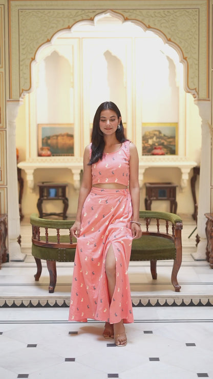 Women's Peach Animal Print Round Neck Top With Side Slit Skirt Co-Ord Set - Miravan