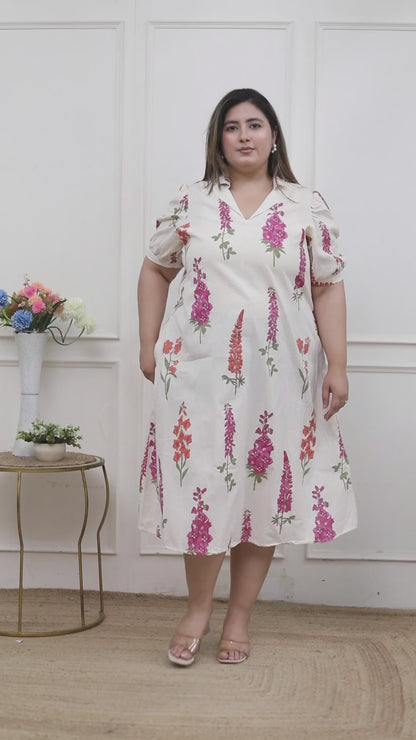 Miravan Plus Size Womens Off White Flower Printed Cotton Flex Maxi Dress