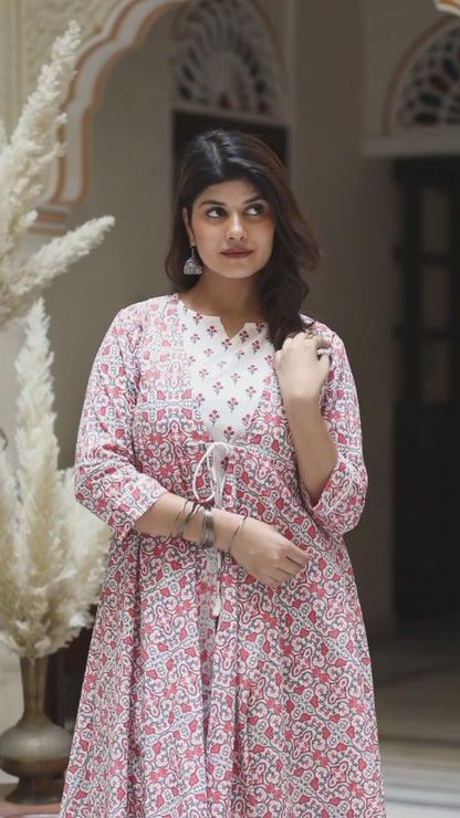 Women's Orange Cotton Floral Printed Kurta With Jacket - Miravan