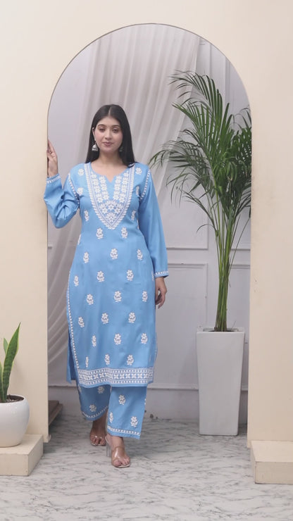 Women's Chikankari Embroidery Sky Blue Straight Kurta And Palazzo - Miravan
