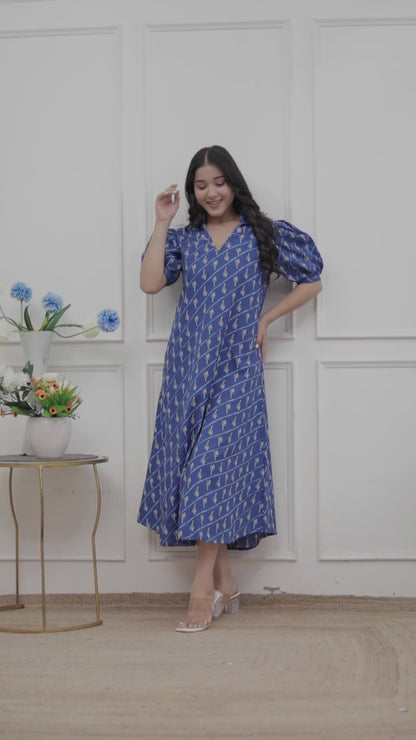Miravan Womens Floral Print Collar-Neck Puff Sleeves A-Line Maxi Dress