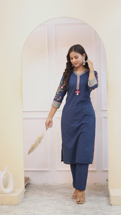 Women's Embroidery And Lace Work Blue Pakistani Kurta With Palazzo Set - Miravan