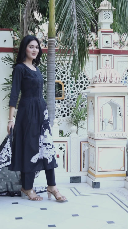 Women's Black Pintucks Detailing Straight Kurta And Palazzo With Dupatta Set - Miravan